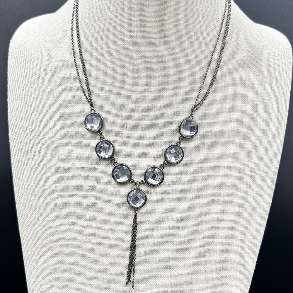 Vintage Gunmetal Crystal Y Necklace Multi-Chain Statement Pendant